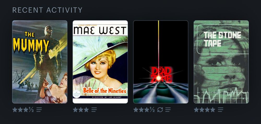Last four watched on Letterboxd:
The Stone Tape
The Dead Zone
Belle of the Nineties
The Mummy (1959)