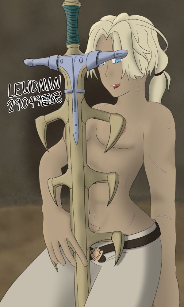 Catherine from Fire Emblem: Three Houses is kneeling on the ground with Thunderbrand between her thighs. In this piece, she’s only wearing a belt and pants. One hand is resting on the spiked protrusions, the other is behind her back and keeping her balance. She’s looking at the viewer and chatting. There’s sweat running down her body and some scars are visible.