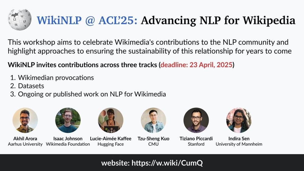 WikiNLP workshop flyer inviting contributions for provocations, datasets, and ongoing work on NLP+Wikimedia