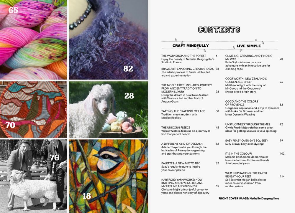 Table of contents and pictures from the tinyStudio Creative Life Magazine issue 28 showing colorful yarn, angora goat, Coopworth sheep, and fiber art images including a felt art bird image.