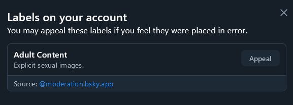 Bluesky modal showing the current labels for my account. Shows one entry for "Adult Content: Explicit sexual images."