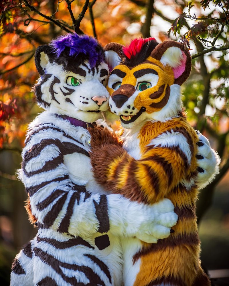 Nickel, a white tiger fur suit with purple hair and green eyes hugs Nido, a golden tiger fur suit with black and red hair.   