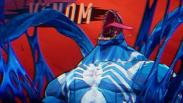 The Spider-Man character Venom in the game Marvel Rivals. While Venom's main color scheme is black with a white spider on his chest, this skin references older media in which he is sometimes depicted as blue instead of black. 
The screenshot has Venom letting out a roar with symbiote goop coming off of his body in multiple directions, evoking a horror movie monster aesthetic.