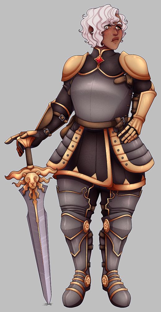 Knight character in armour, posing with her lion themed great sword. Character has dark brown skin, white hair, and orange eyes. One hand on the sword, the other on her hip as she gazes off screen.