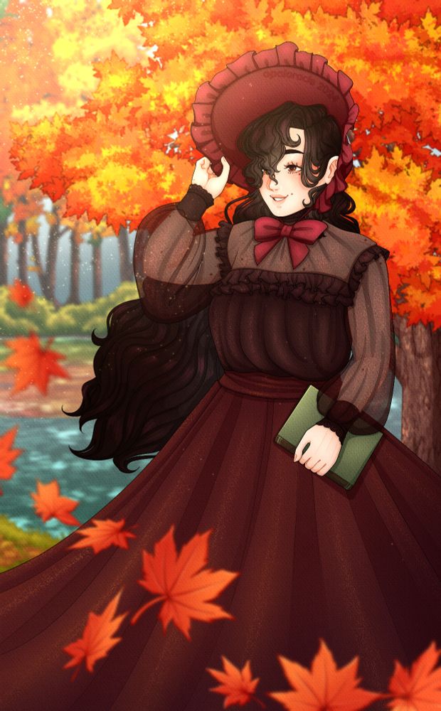 Drawing of a girl standing outside at a lake with a book in her hand and holding her bonnet down to prevent it from blowing away in the wind. The scene is set in autumn with red, orange, and yellow maple trees in the background.