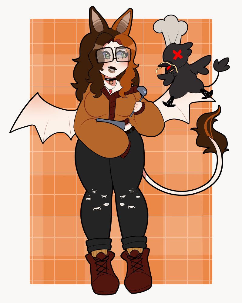 margot, bat woman, and marble ,small bird dude, cooking up some yummy spaghetti! margot holds a ladle while marble has a noodle on his beak