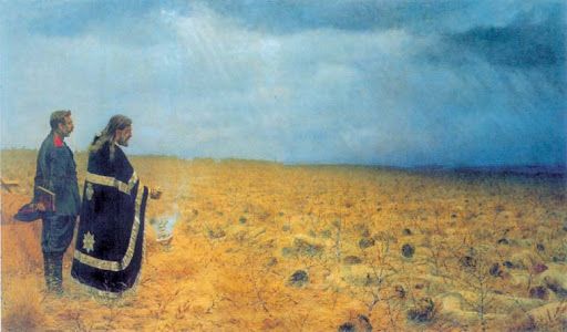 Painting entitled “Defeated. Requiem” from 1878 by Vasily Vasilyevich Vereshchagin