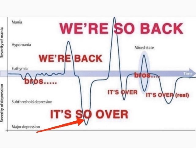 Graphique qui décrit la variation dans le temps des niveaux de dépression/manie avec des textes par dessus tels que "We're back" et "It's over". Une flèche pointe un état de dépression majeure avec écrit "IT'S SO OVER"