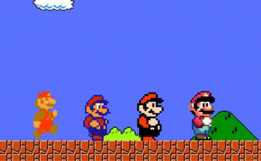 a group of mario characters are walking on a brick path