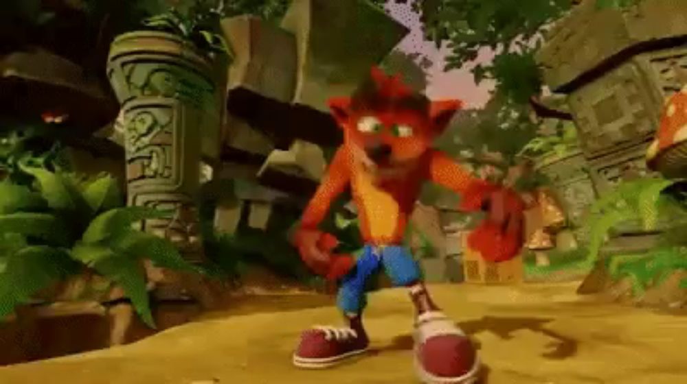 crash bandicoot from the video game crash bandicoot is dancing in the sand