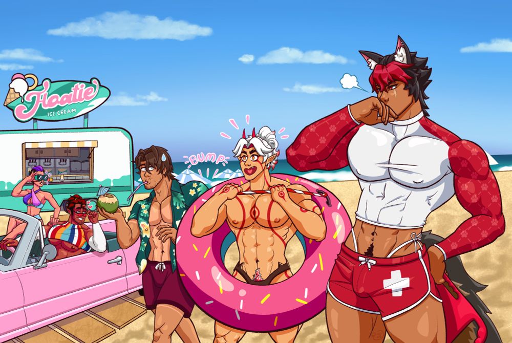 Self-indulgent summer doodle featuring lifeguard Manato, eager beach-goer Itto, tanning tourist Gallagher, and my OCs “talent scouting” lmao 
