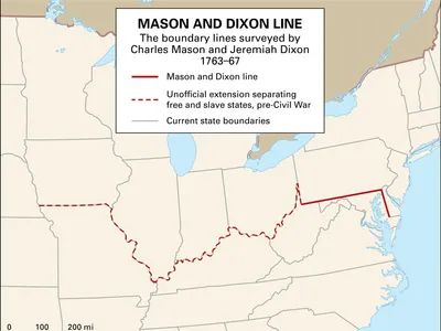 A map of the Mason Dixon line, with Delaware clearly on the north side of it.