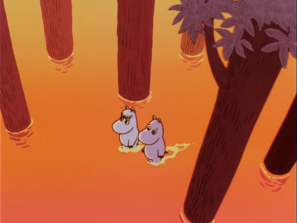 Moomin and Snorkmaiden, seen from above, walking in the flooded forest at sunset, which lights everything an orange color.
