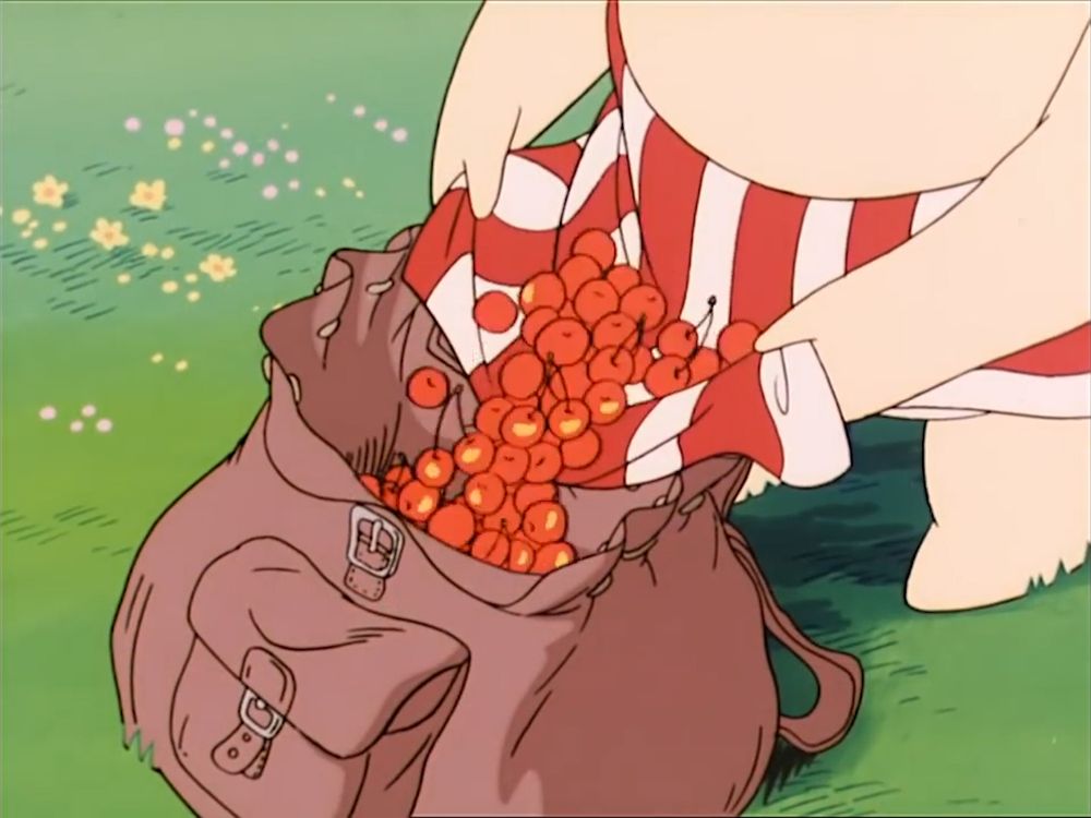 Mamma was holding the cherries in her apron and she's pouring them out in her bag. 