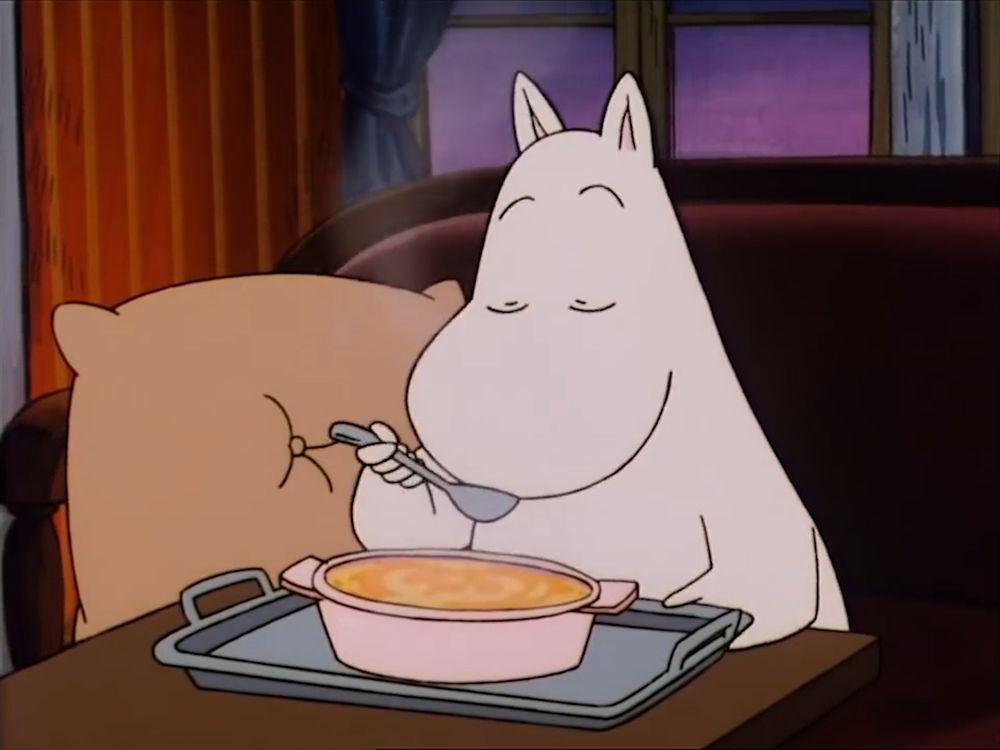 Moomin is eating soup.