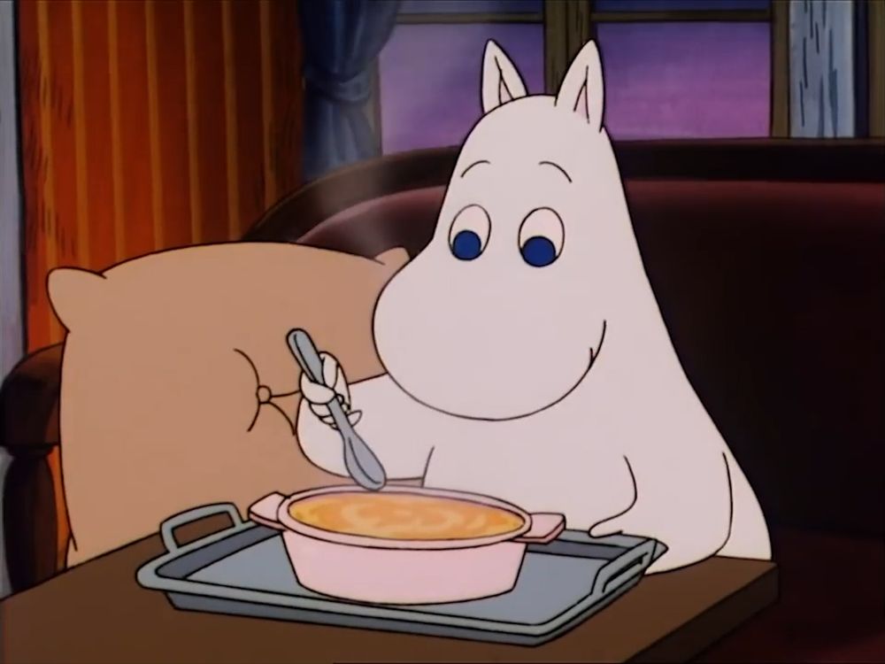 Moomin is eating soup.