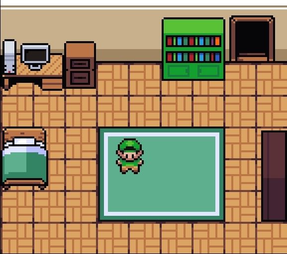 A top down pixel art piece displaying a character standing in their bedroom in a gba pokemon inspired style. 