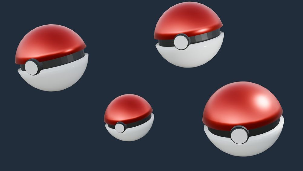 An image of 4 basic 3D Pokeballs falling against a solid color background.