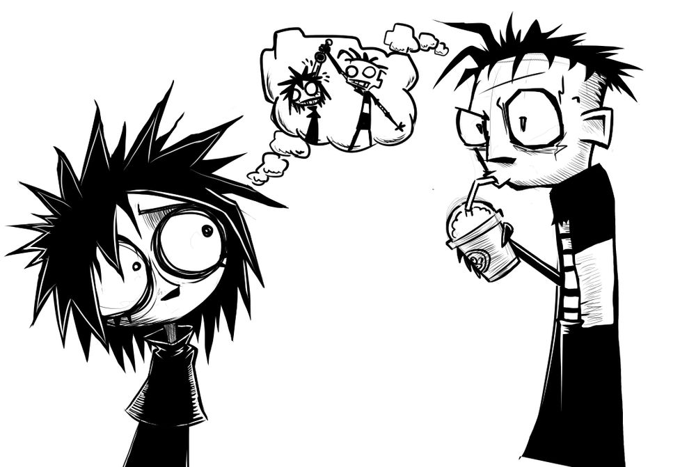 sketch of Johnny the homicidal maniac and the protagonist (Nia by the fans) of I can't sleep/ nosleep666 having the same thought of Nny stabbing Nia.