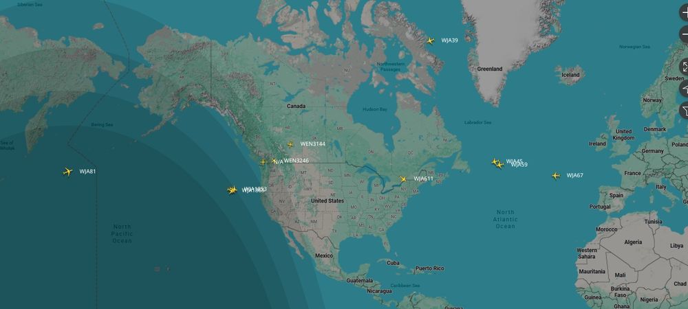 A FlightRadar24 screenshot centered over North America, showing very few WestJet aircraft currently in the air. 6 in total over the Atlantic and Pacific. 
