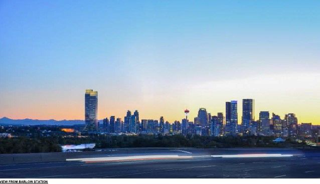 Rendering showing the view of the Calgary skyline from the Barlow LRT station. The two proposed Truman towers on the far left, creating a skyline valley before the business district towers. 