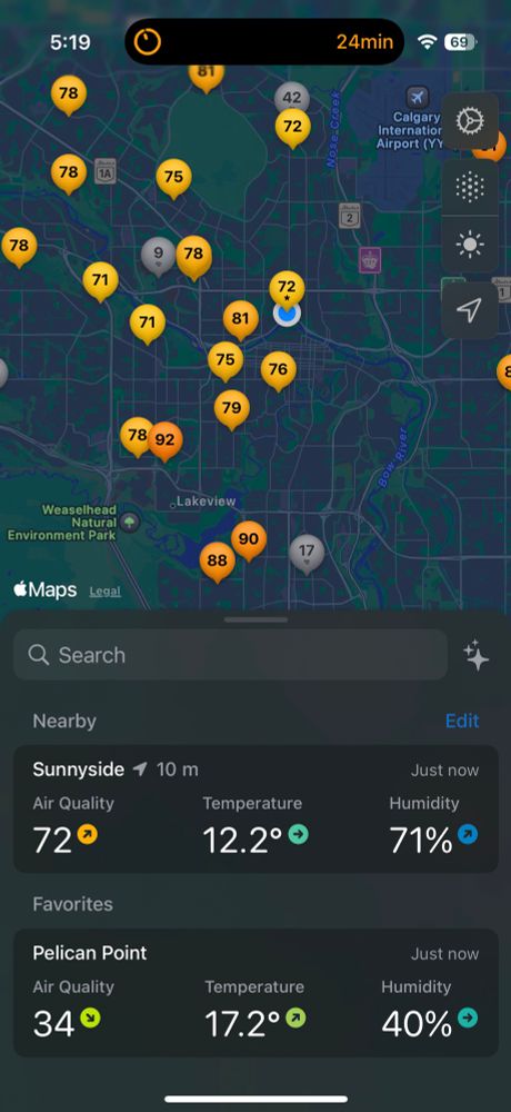 PurpleAir sensor map showing degrading air quality across the Calgary region. 