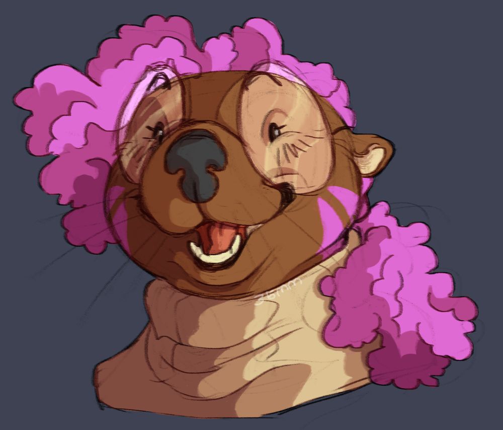 drawing of an anthropomorphic otter smiling. she has brown fur with two pink stripes on her cheeks and pink hair. she is wearing big round glasses and a cream sweater.