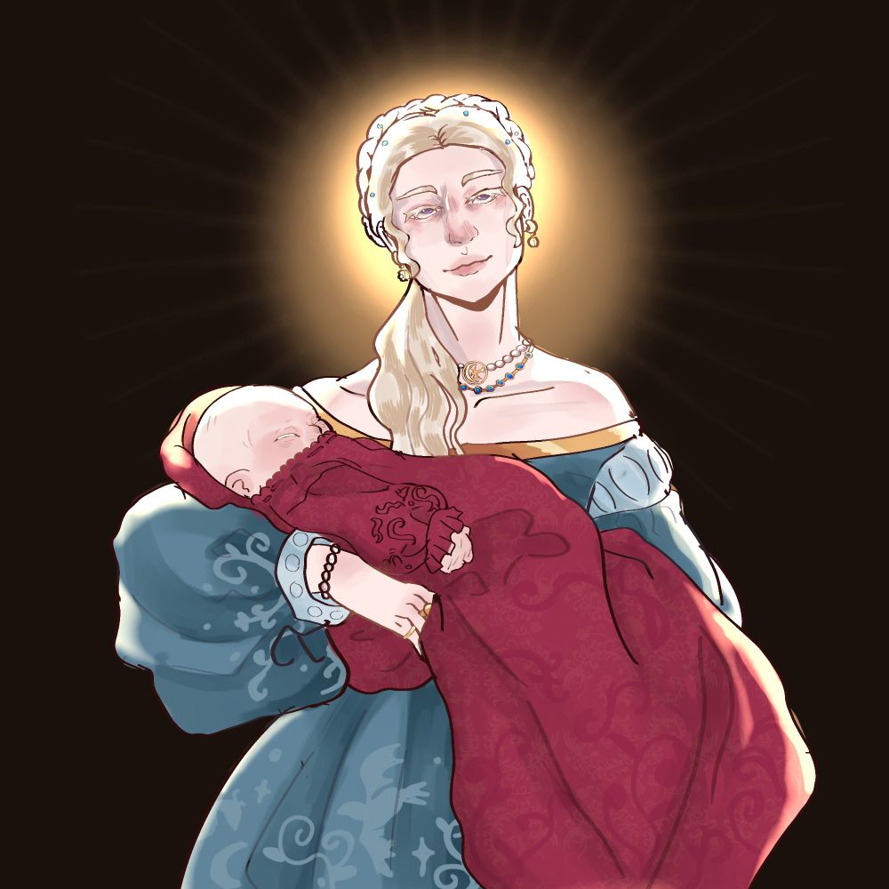 Aemma em um vestido azul e com cabelos prateados segurando a bebe Rhaenyra