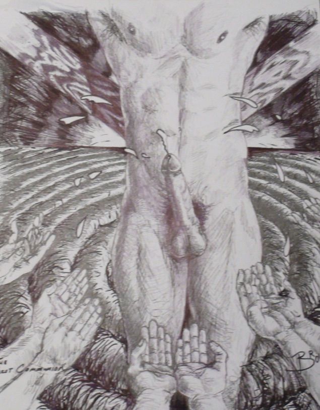 drawing on paper of Jesus’ torso on the cross cumming out a load to outstretched hands