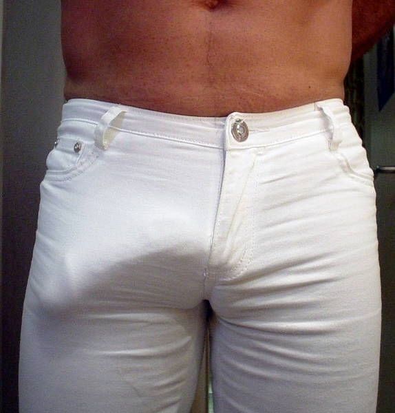 big dick semi-erect in tight white jeans showing everything, even the head and veins