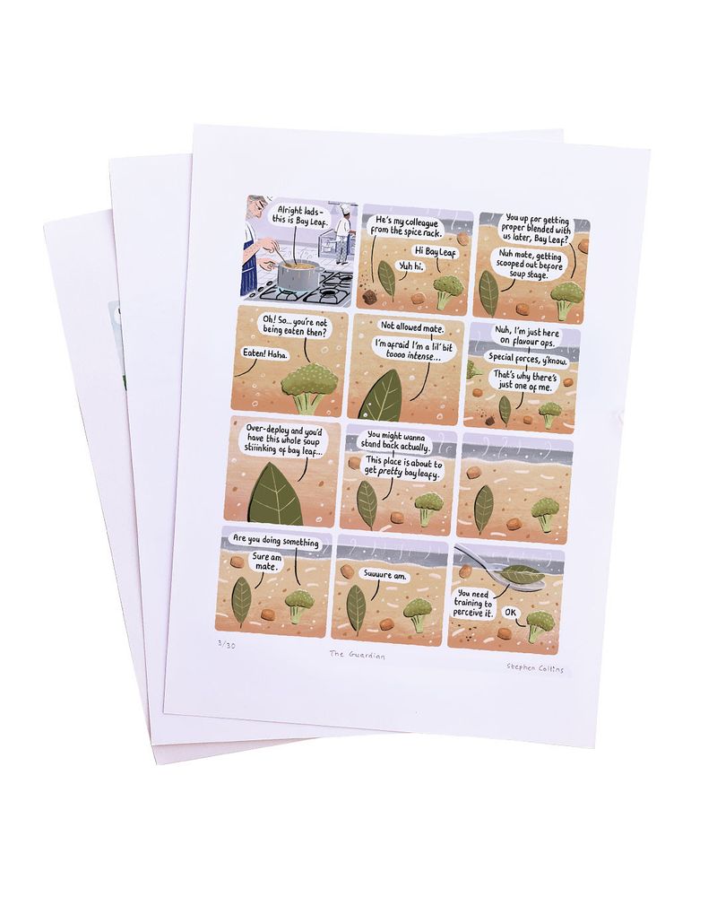 Image of some art prints by Stephen Collins, this one is the one about an arrogant bayleaf