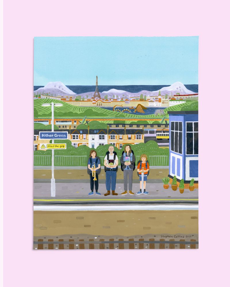Portrait by Stephen Collins, of a family standing on a railway platform. They have various images from their travels in the background – mountains, trains, Venice, their house is depicted in the foreground.