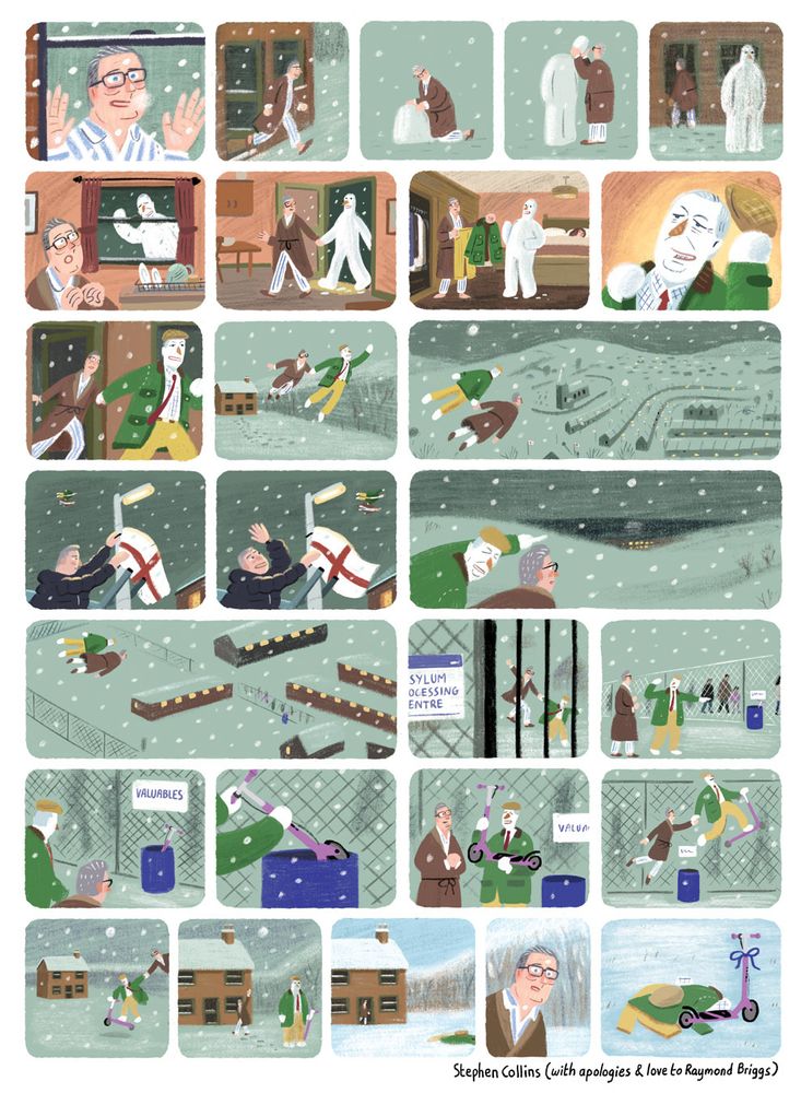 This is a comic pate drawn in the soft pencil style of The Snowman by Raymond Briggs 

Basically the story is this:
 
- Keir Starmer in dressing gown presses face up to window, excited that it is snowing
- He runs outside, builds a snowman
- It comes to life, taps on his window
- He invites it in, gives it clothes (yellow trouser, green jacket, flat cap)  and we realise (face close up) it looks like Nigel Farage 
- Snowman takes him outside, launches off the ground
- They fly over the landscape, we see a town below
- A man ziptying a St George’s Flag to a lamp post waves at them as they pass
- As in the original, they head for the sea - we see a light by the coast
- Instead of Brighton pier as in the original, it is an Asylum Detention Center
- They land, we see people queuing behind a fence
- Snowman Farage points excitedly at a large bin marked VALUABLES
- Snowman Farage pulls a child's E-scooter out of the bin, he and Starmer look excited
- They take off again and go back to Keir’s home
- Farage resumes his place in the garden, Starmer walks back inside to go back to bed
- The next day Snowman Farage has melted, leaving only his clothes and the scooter - now with a bow and label attached to show it is a Christmas gift. 
 
[ends]