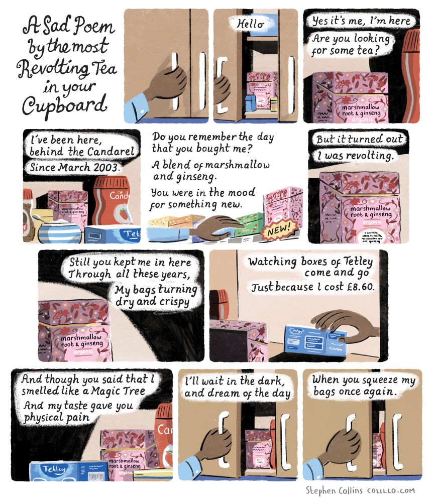 A Sad Poem By the most Revolting Tea in your
Cupboard

Hello

Yes it's me, I'm here
Are you looking for some tea?

l've been here, behind the Candarel 
Since March 2003.

Do you remember the day that you bought me?
A blend of marshmallow and ginseng.

You were in the mood for something new.
But it turned out

I was revolting.

Still you kept me in here 
Through all these years
My bags turning dry and crispy

Watching boxes of Tetley
come and go
Just because l cost £8.60.


And though you said that l smelled like a Magic Tree 
And my taste gave you physical pain

I'll wait in the dark,
and dream of the day

When you squeeze my bags once again.
