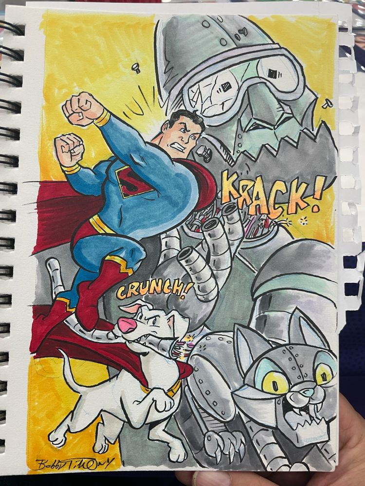 A drawing of Superman and Krypto fighting some robots! Pencil, ink and magic markers, by Bobby Timony