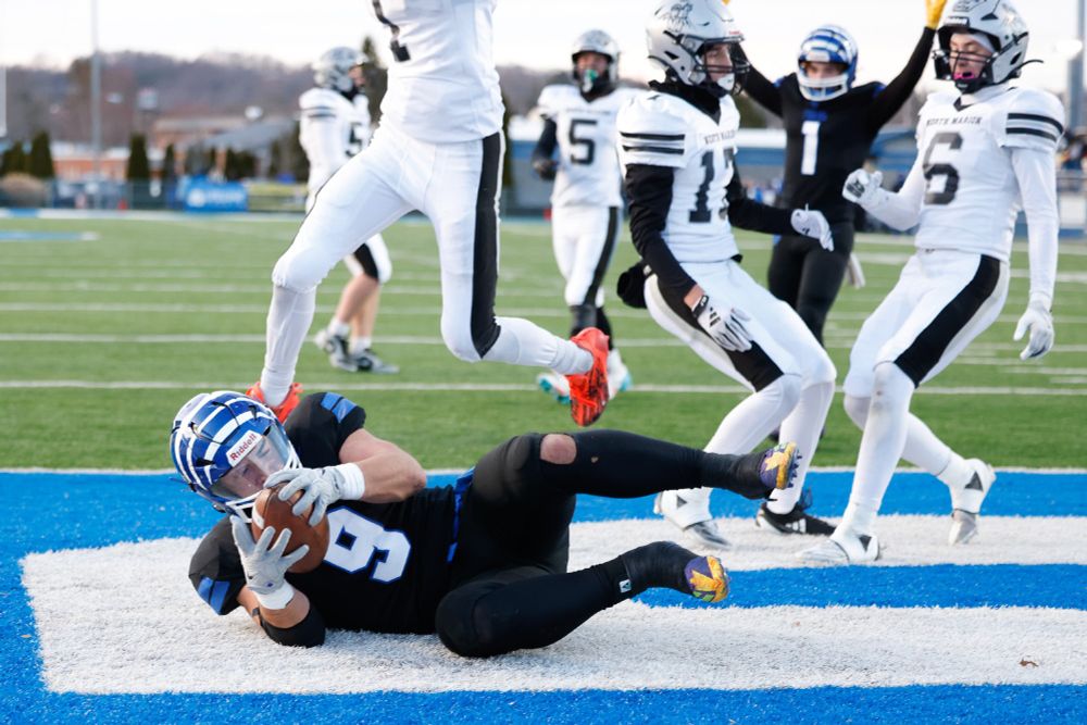 Princeton’s Kalum Kiser (9) catches a pass for a touchdown during the high school football game at Hunnicutt Stadium, Saturday, November 30, 2024, in Princeton. Princeton defeated North Marion 34-20.