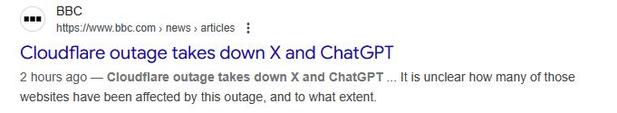 BBC article about twitter (x) and chatgpt being down due to a cloudflare outage