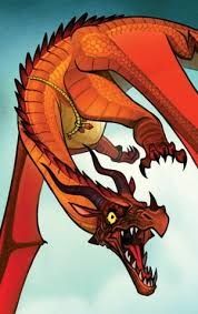 Queen scarlet, a red dragon with half her head burned off