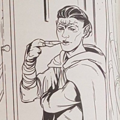 A black and white illustration of Felassan from Dragon Age the Masked Empire chewing on a piece of tree bark in the park