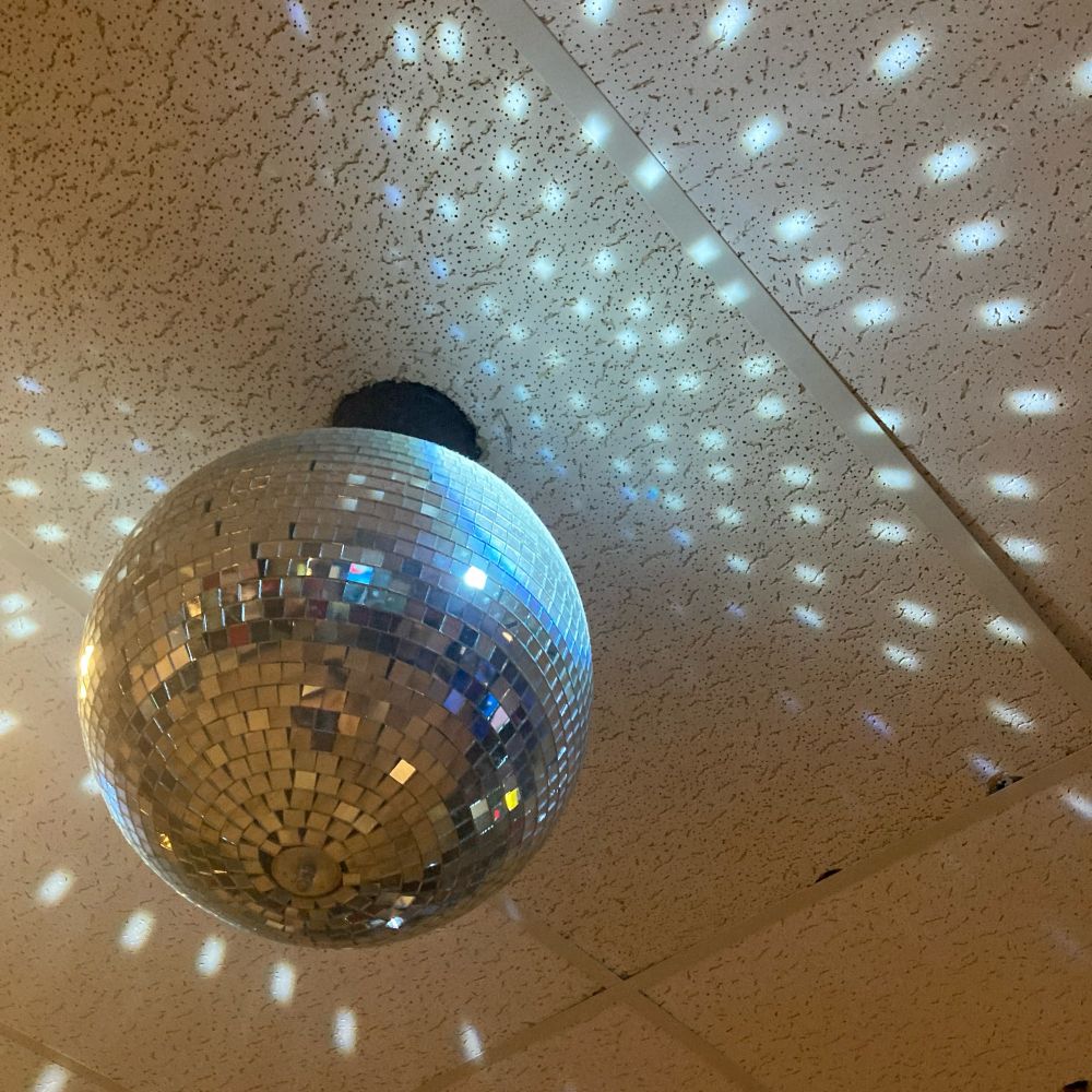Disco ball, dropped panel ceiling, many Elks (below it, off-camera) boogying down.