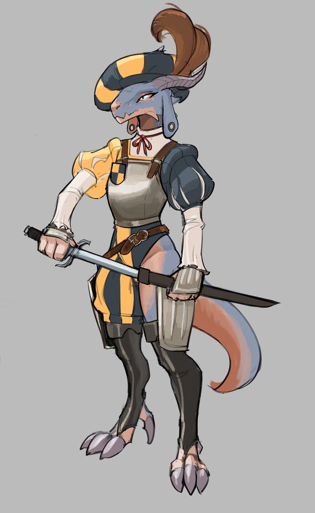 Design color sketch of a female kobold character. Her hide is a pale indigo with pink countershading, and she's wearing landsknecht armor.