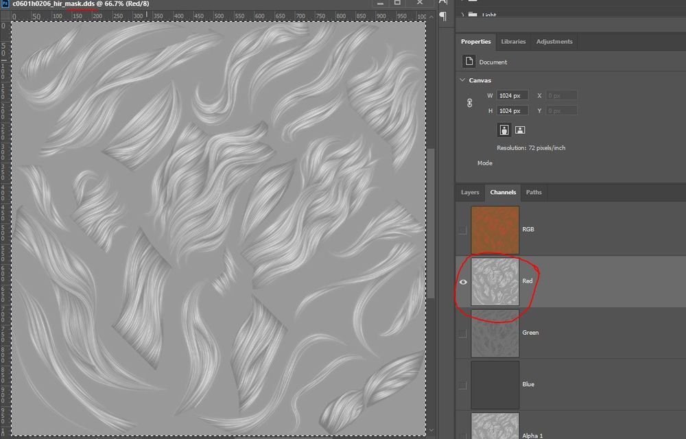 Photoshop screenshot of the red channel in a mask texture