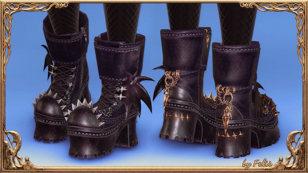 a pair of gothic looking boots made from different FFXIV models and textures