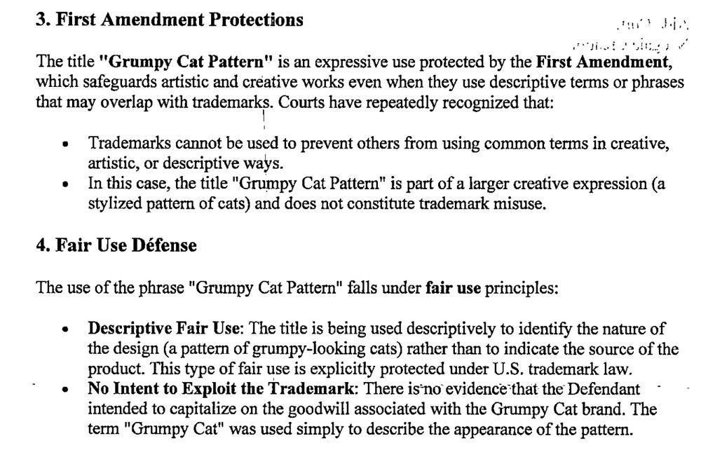 long excerpt from filing with bolded "grumpy cat pattern" and "First Amendment", plus chatGPT signature bullets