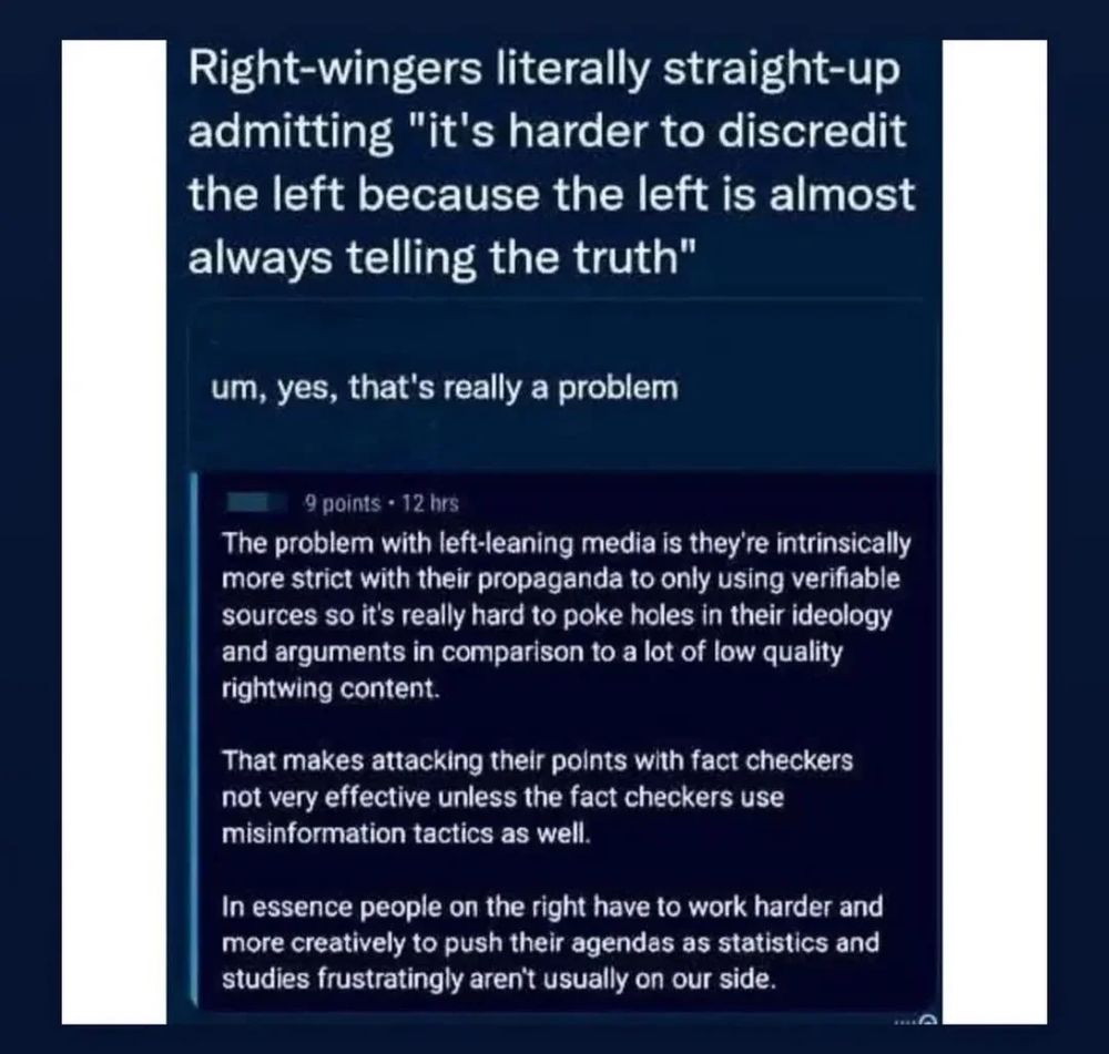 reddit post from a rightwing user that notes that fact-checkers can't "poke holes" in arguments from the left, as opposed to rightwing propaganda content, and bemoans the fact that 'statistics and studies frustratingly aren't usually on our side'