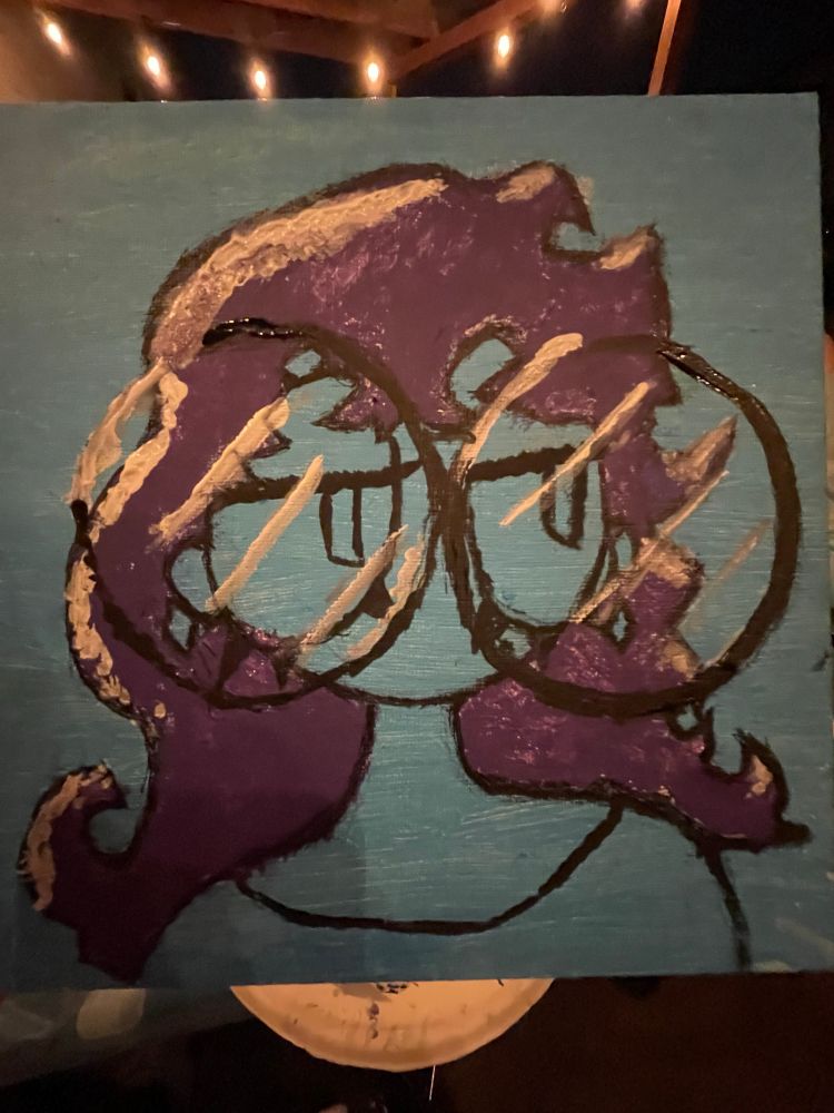 a painting of a girl with huge glasses