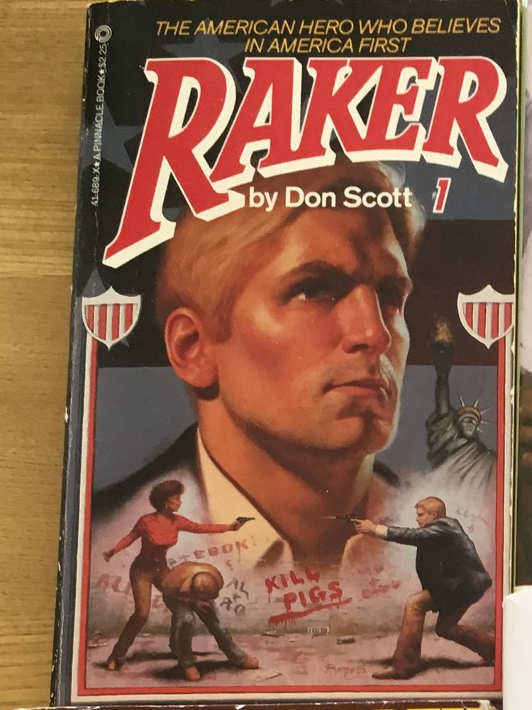 Front cover of Raker. Featuring shootout between Aryan looking Raker and Assata Shakur stand in in front of ‘Kill The Pigs’ graffitied wall and red white and blue shields. 