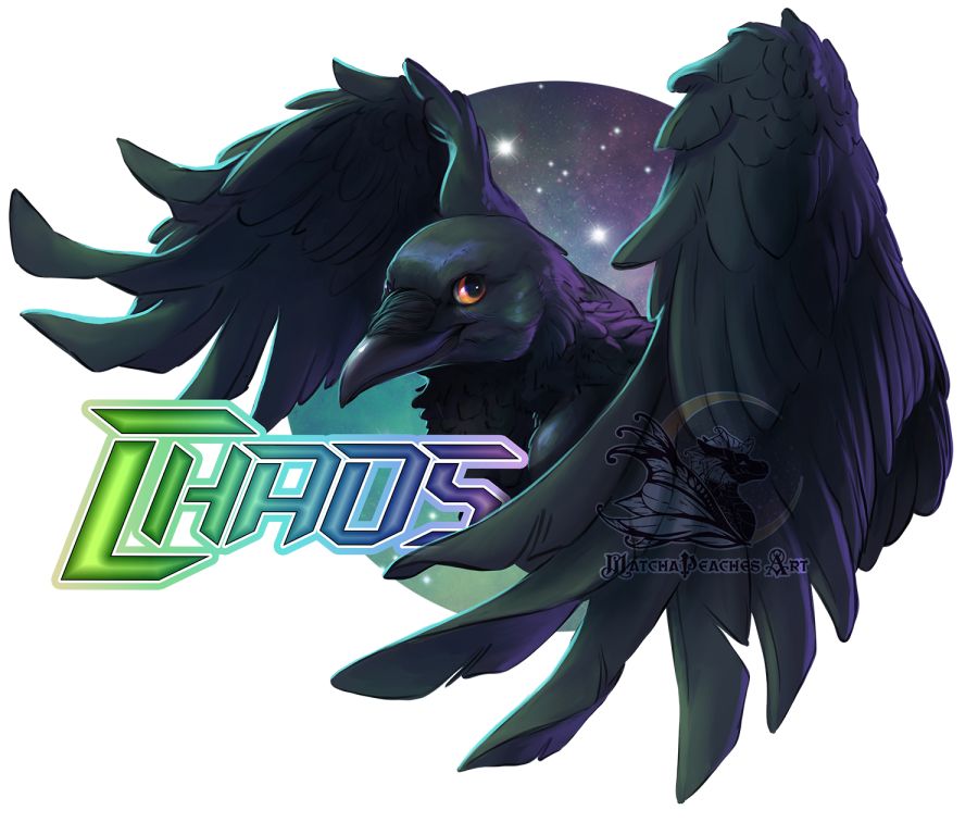 An portrait of an anthropomorphic crow with orange eyes. He is framed by a circle with a starry night sky in it. The name "chaos" is to the left in a sharp font.