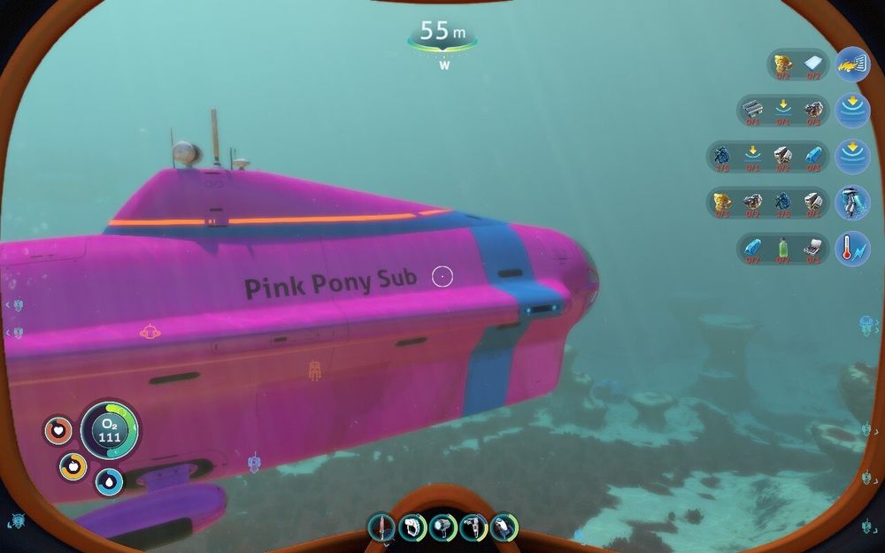 A screenshot from Subnautica, showing a pink Cyclops submarine named "Pink Pony Sub"