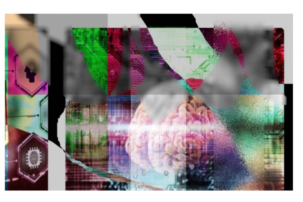 un collage coloré avec des sortes de morceaux de tissu et une image de cerveau 